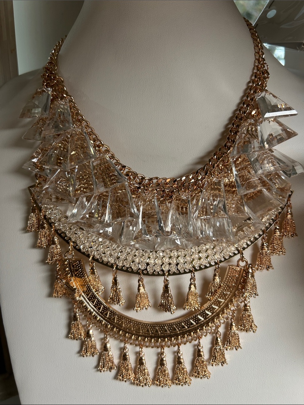 Gold Crystal Fringe Statement Necklace
